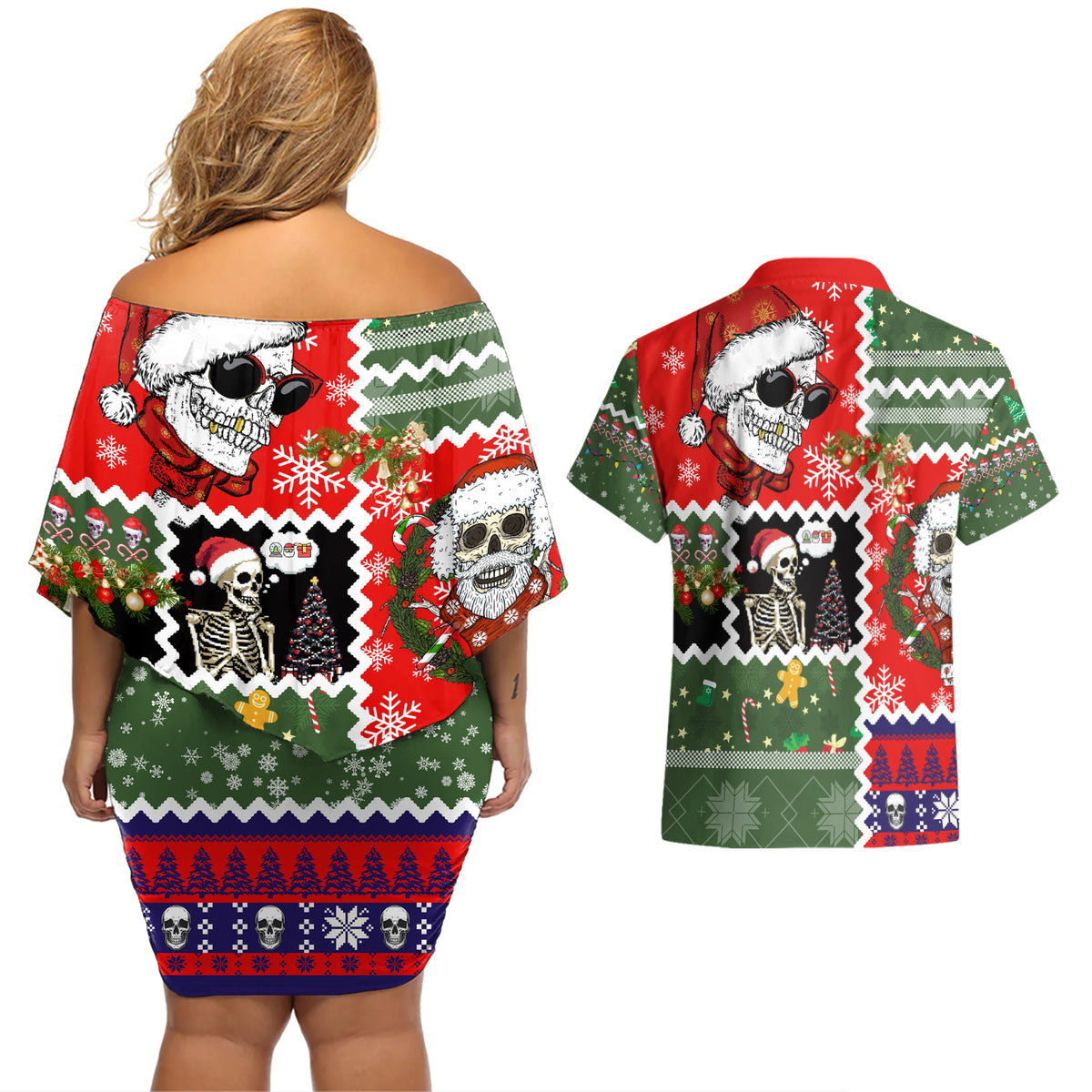 Skeleton Santa Claus Couples Matching Off Shoulder Short Dress and Hawaiian Shirt Moodboard Skull Ugly Christmas - Wonder Print Shop
