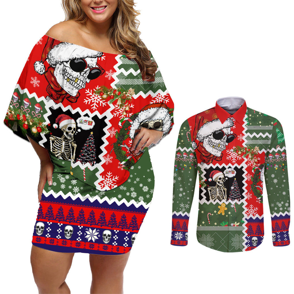 Skeleton Santa Claus Couples Matching Off Shoulder Short Dress and Long Sleeve Button Shirt Moodboard Skull Ugly Christmas - Wonder Print Shop