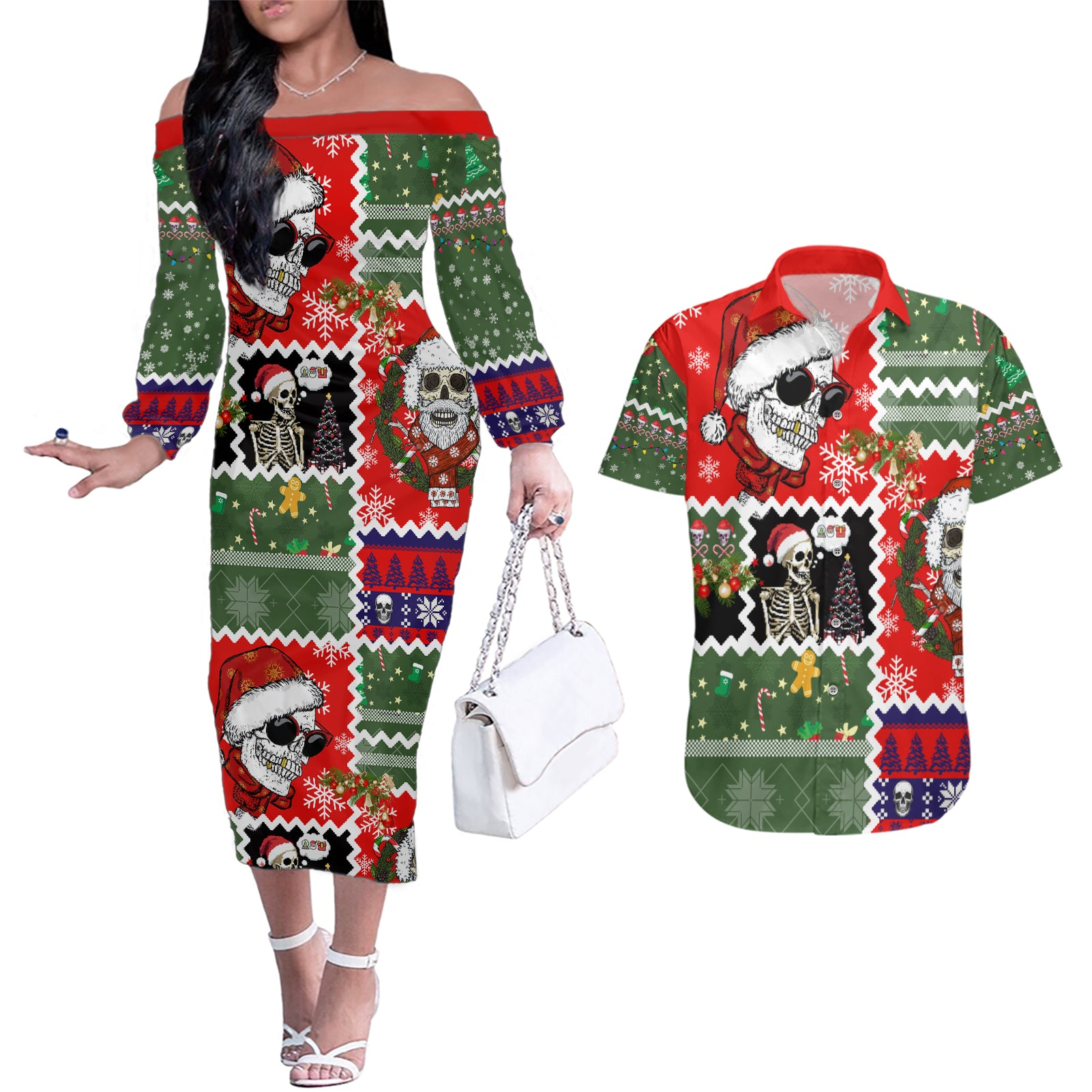 Skeleton Santa Claus Couples Matching Off The Shoulder Long Sleeve Dress and Hawaiian Shirt Moodboard Skull Ugly Christmas - Wonder Print Shop