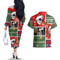 Skeleton Santa Claus Couples Matching Off The Shoulder Long Sleeve Dress and Hawaiian Shirt Moodboard Skull Ugly Christmas - Wonder Print Shop