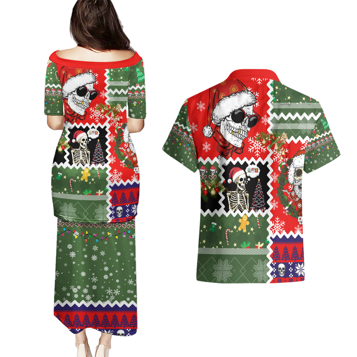 Skeleton Santa Claus Couples Matching Puletasi Dress and Hawaiian Shirt Moodboard Skull Ugly Christmas - Wonder Print Shop