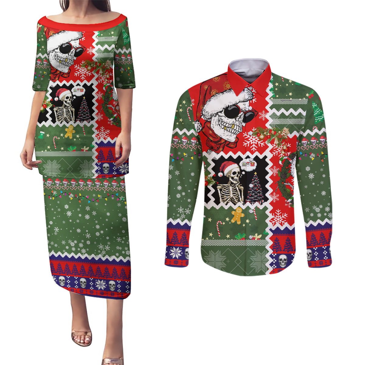 Skeleton Santa Claus Couples Matching Puletasi Dress and Long Sleeve Button Shirt Moodboard Skull Ugly Christmas - Wonder Print Shop