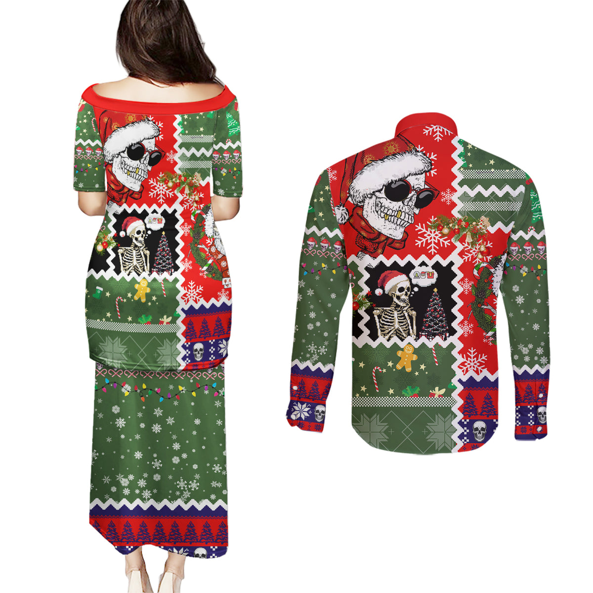 Skeleton Santa Claus Couples Matching Puletasi Dress and Long Sleeve Button Shirt Moodboard Skull Ugly Christmas - Wonder Print Shop