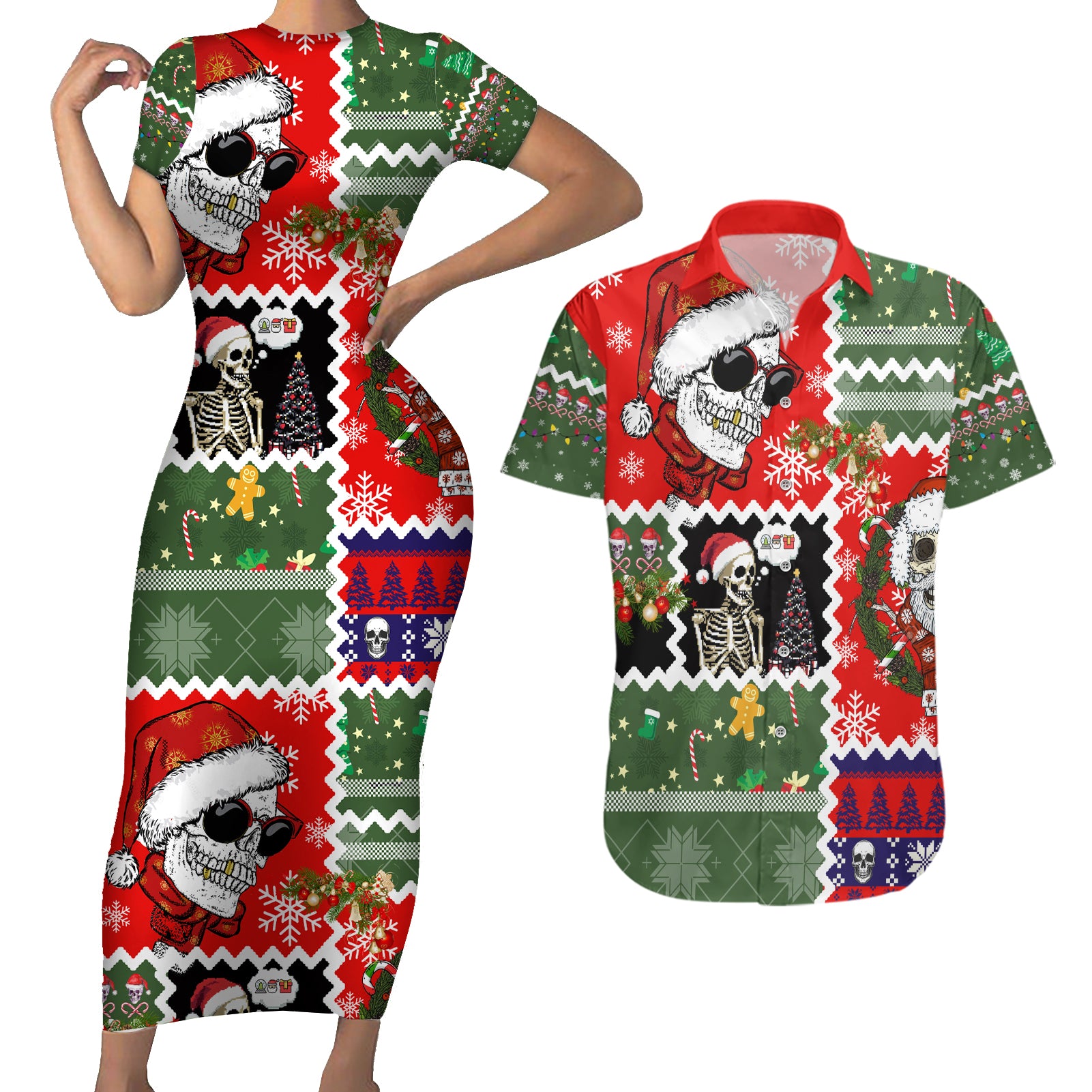 Skeleton Santa Claus Couples Matching Short Sleeve Bodycon Dress and Hawaiian Shirt Moodboard Skull Ugly Christmas - Wonder Print Shop