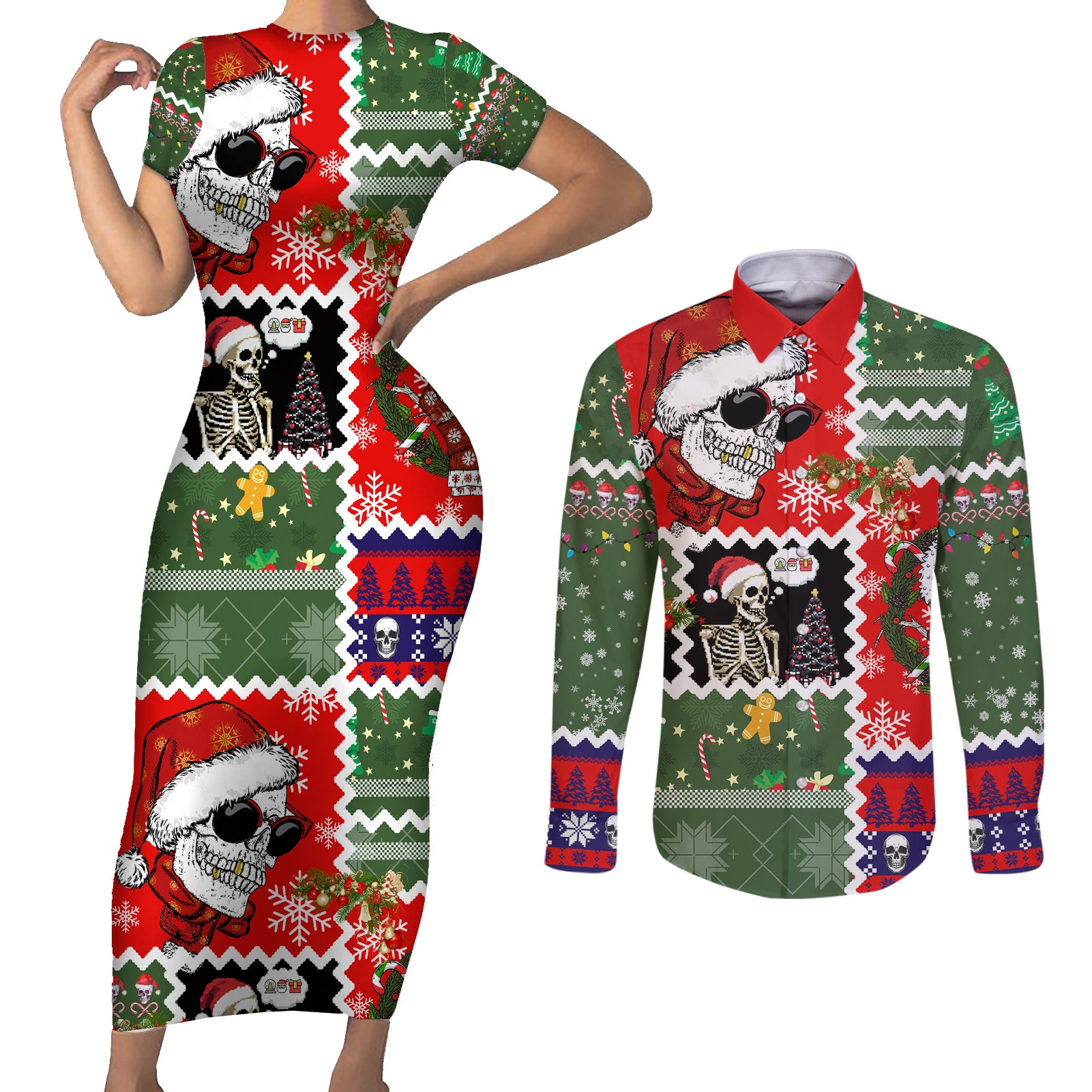 Skeleton Santa Claus Couples Matching Short Sleeve Bodycon Dress and Long Sleeve Button Shirt Moodboard Skull Ugly Christmas - Wonder Print Shop