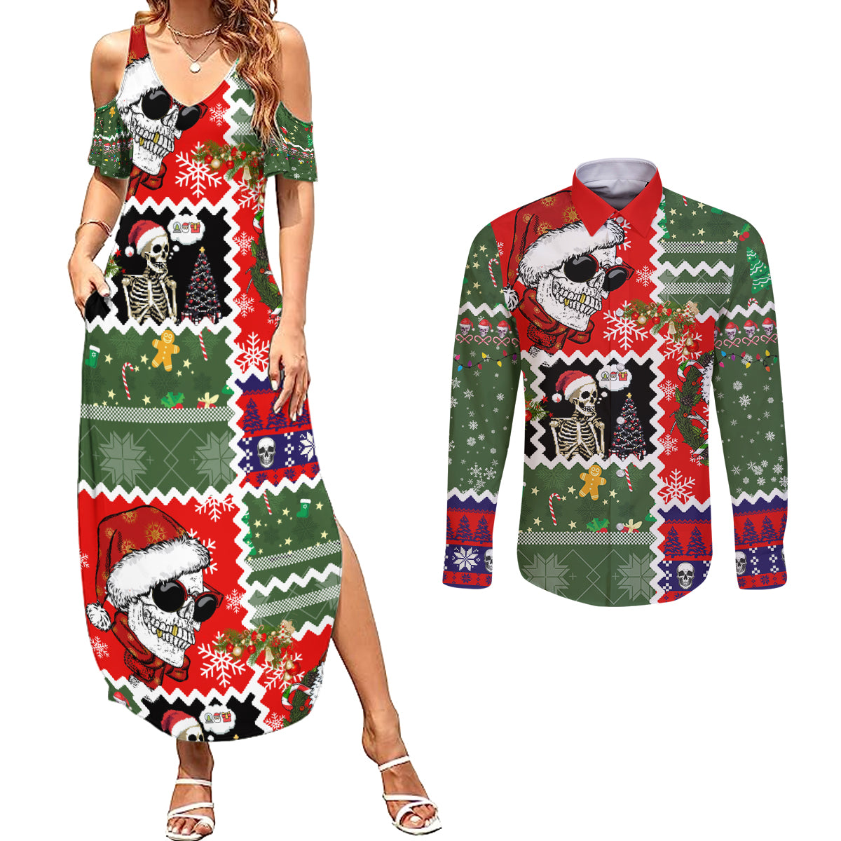 Skeleton Santa Claus Couples Matching Summer Maxi Dress and Long Sleeve Button Shirt Moodboard Skull Ugly Christmas - Wonder Print Shop