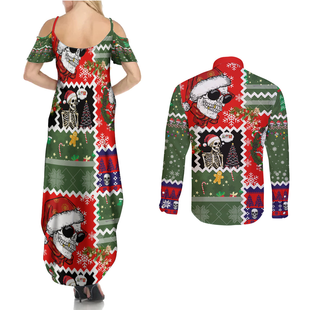 Skeleton Santa Claus Couples Matching Summer Maxi Dress and Long Sleeve Button Shirt Moodboard Skull Ugly Christmas - Wonder Print Shop