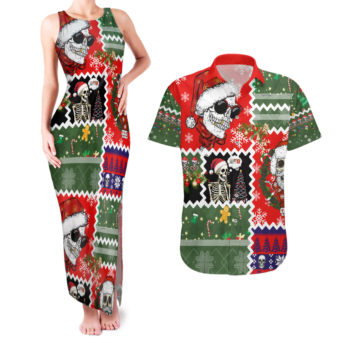 Skeleton Santa Claus Couples Matching Tank Maxi Dress and Hawaiian Shirt Moodboard Skull Ugly Christmas - Wonder Print Shop