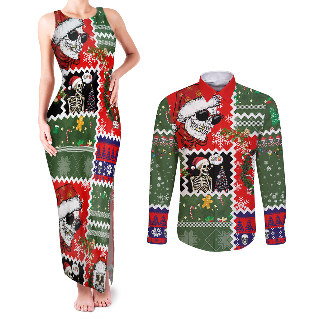 Skeleton Santa Claus Couples Matching Tank Maxi Dress and Long Sleeve Button Shirt Moodboard Skull Ugly Christmas - Wonder Print Shop