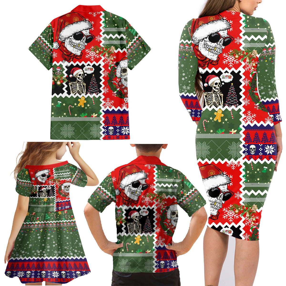 Skeleton Santa Claus Family Matching Long Sleeve Bodycon Dress and Hawaiian Shirt Moodboard Skull Ugly Christmas - Wonder Print Shop