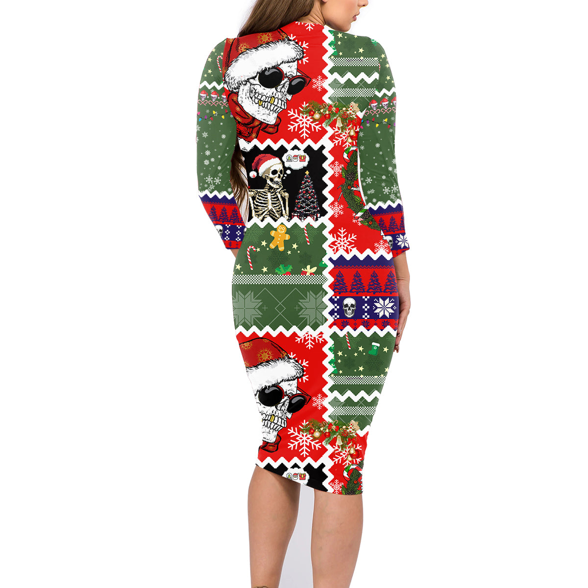 Skeleton Santa Claus Family Matching Long Sleeve Bodycon Dress and Hawaiian Shirt Moodboard Skull Ugly Christmas - Wonder Print Shop