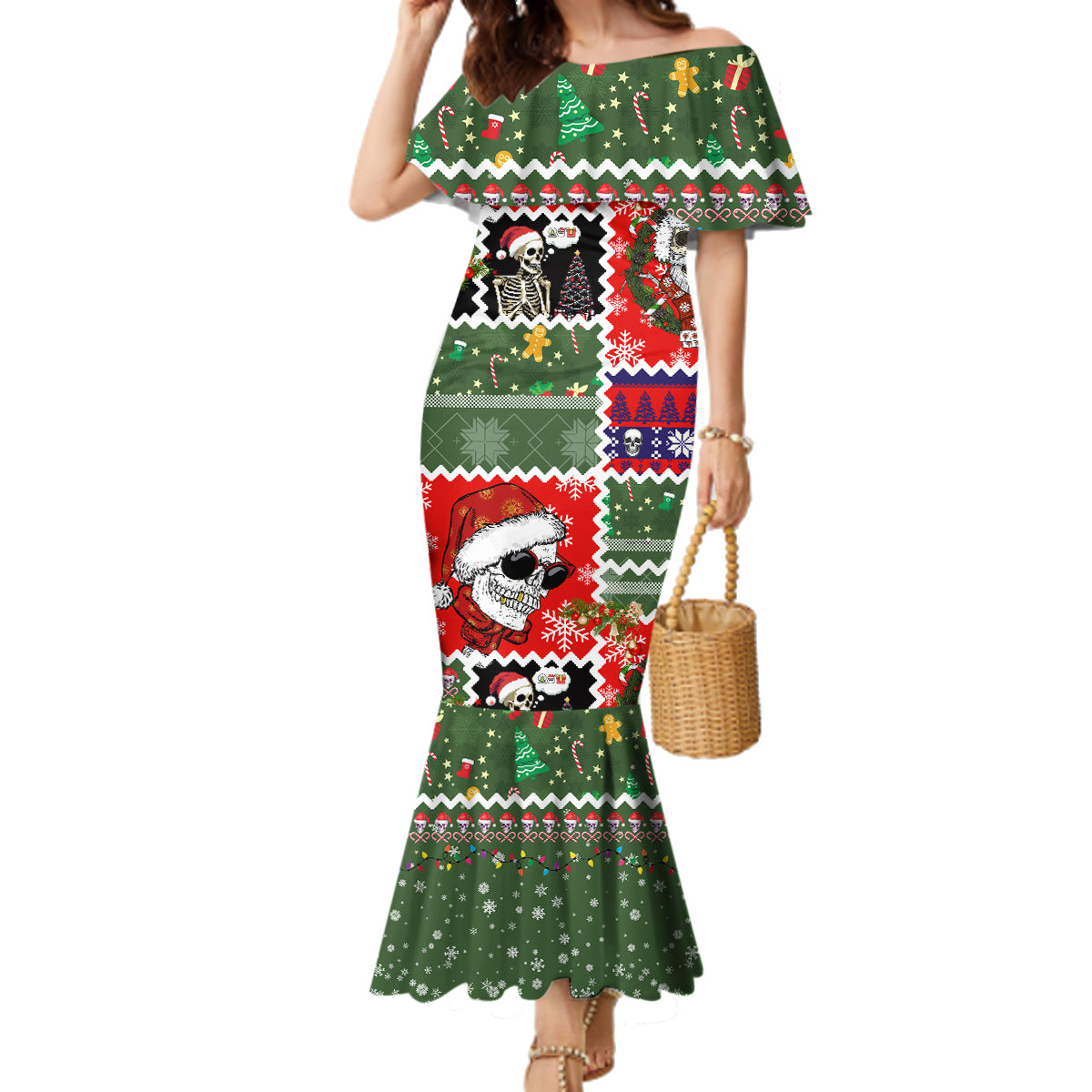 Skeleton Santa Claus Family Matching Mermaid Dress and Hawaiian Shirt Moodboard Skull Ugly Christmas - Wonder Print Shop