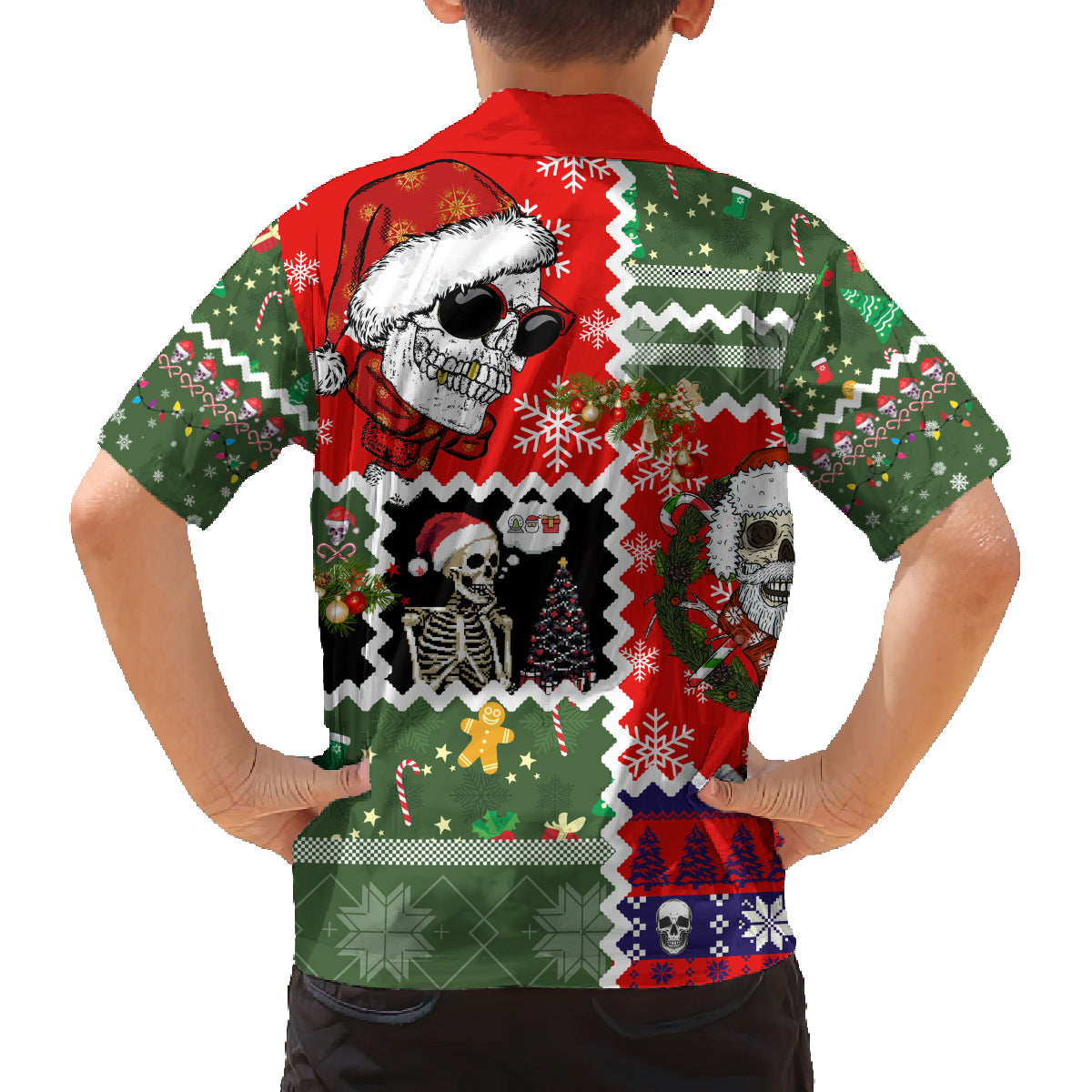 Skeleton Santa Claus Family Matching Off Shoulder Long Sleeve Dress and Hawaiian Shirt Moodboard Skull Ugly Christmas - Wonder Print Shop