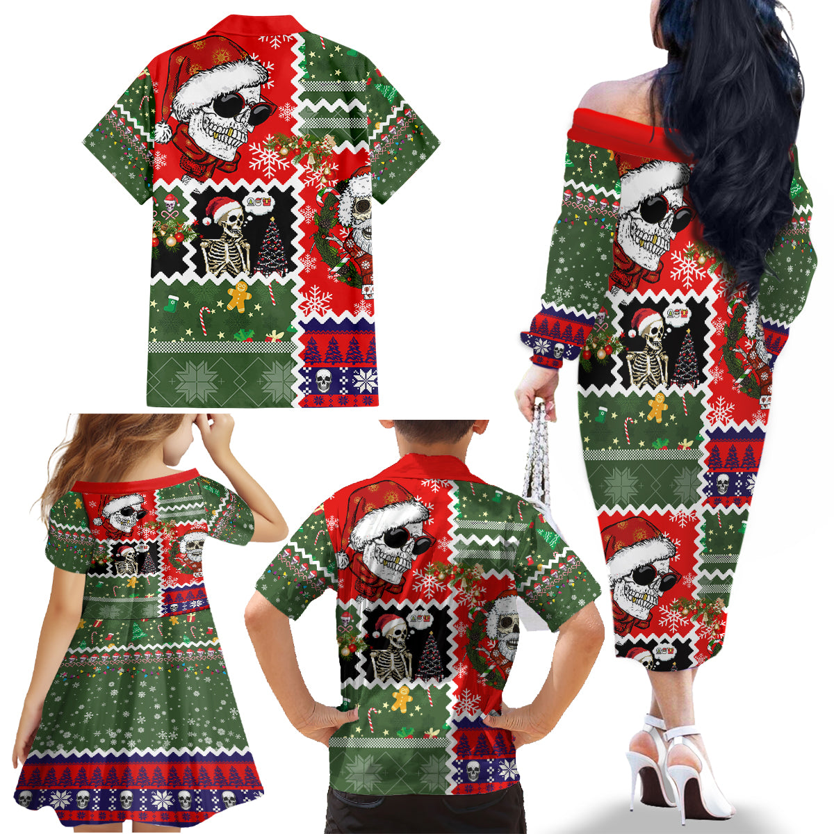 Skeleton Santa Claus Family Matching Off Shoulder Long Sleeve Dress and Hawaiian Shirt Moodboard Skull Ugly Christmas - Wonder Print Shop