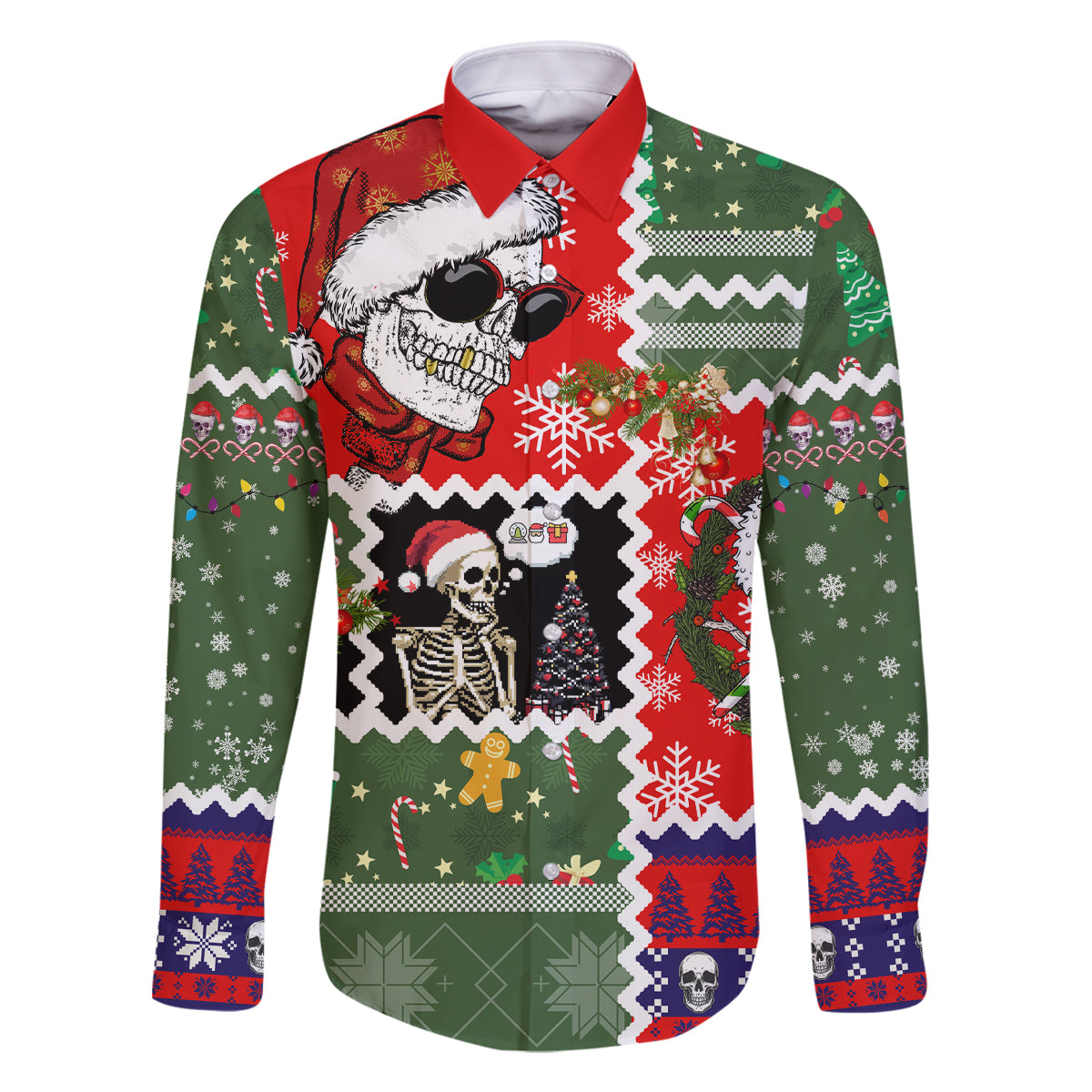 Skeleton Santa Claus Family Matching Off Shoulder Long Sleeve Dress and Hawaiian Shirt Moodboard Skull Ugly Christmas - Wonder Print Shop