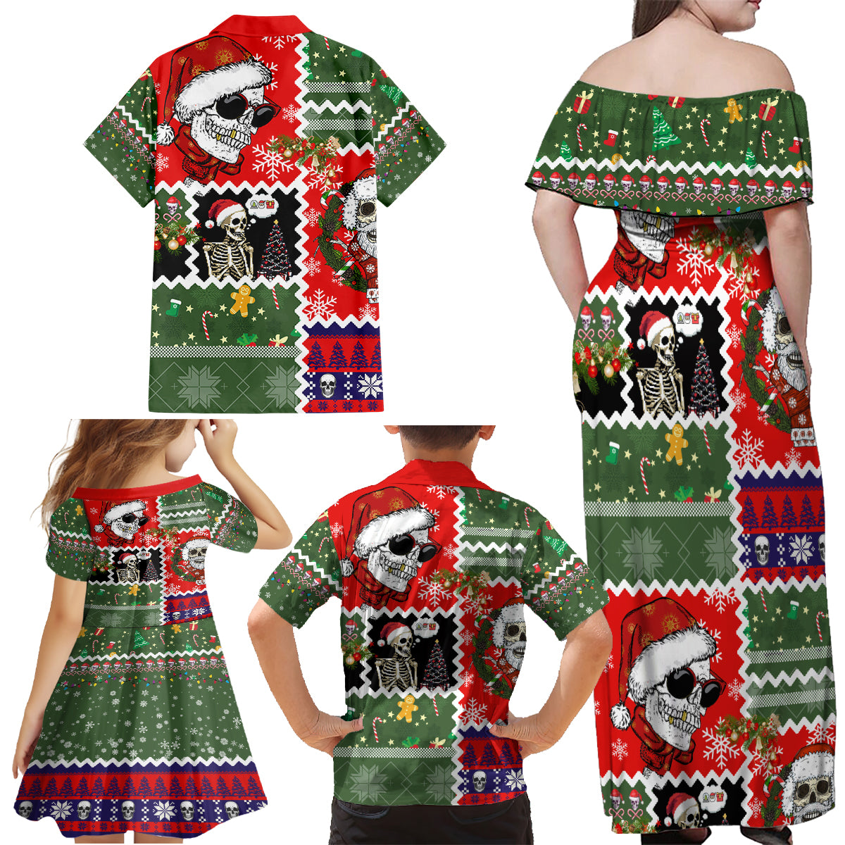 Skeleton Santa Claus Family Matching Off Shoulder Maxi Dress and Hawaiian Shirt Moodboard Skull Ugly Christmas - Wonder Print Shop