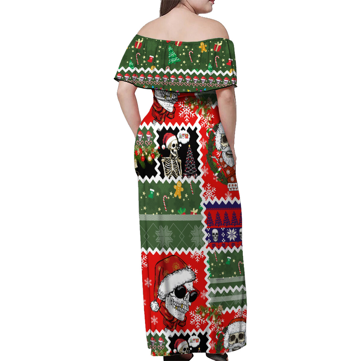 Skeleton Santa Claus Family Matching Off Shoulder Maxi Dress and Hawaiian Shirt Moodboard Skull Ugly Christmas - Wonder Print Shop