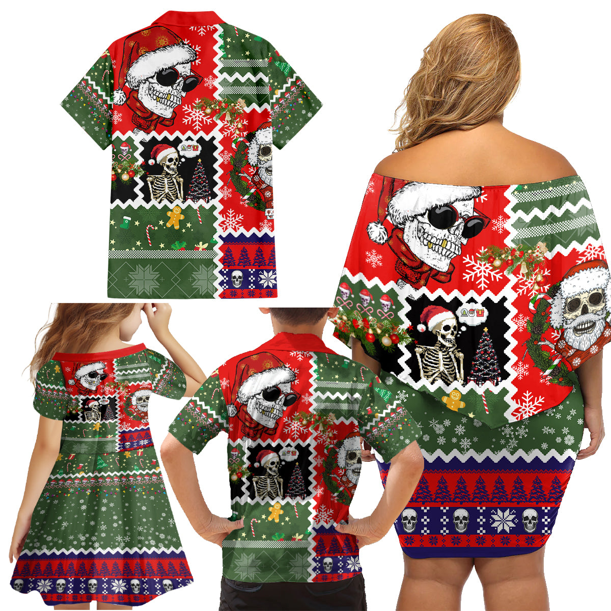 Skeleton Santa Claus Family Matching Off Shoulder Short Dress and Hawaiian Shirt Moodboard Skull Ugly Christmas - Wonder Print Shop