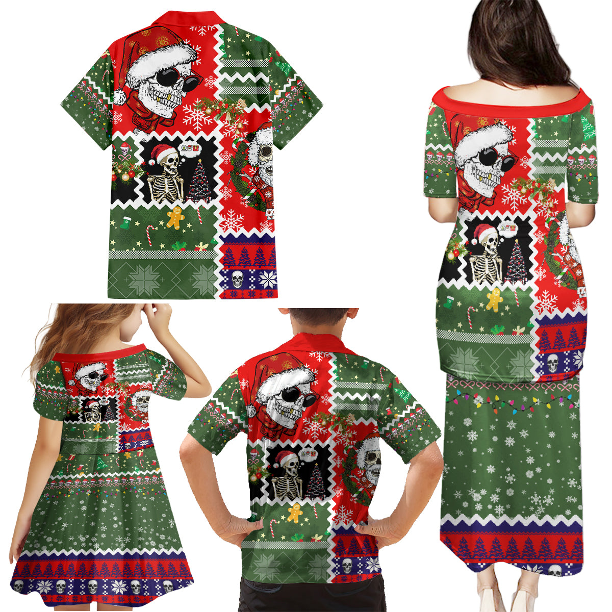 Skeleton Santa Claus Family Matching Puletasi Dress and Hawaiian Shirt Moodboard Skull Ugly Christmas - Wonder Print Shop