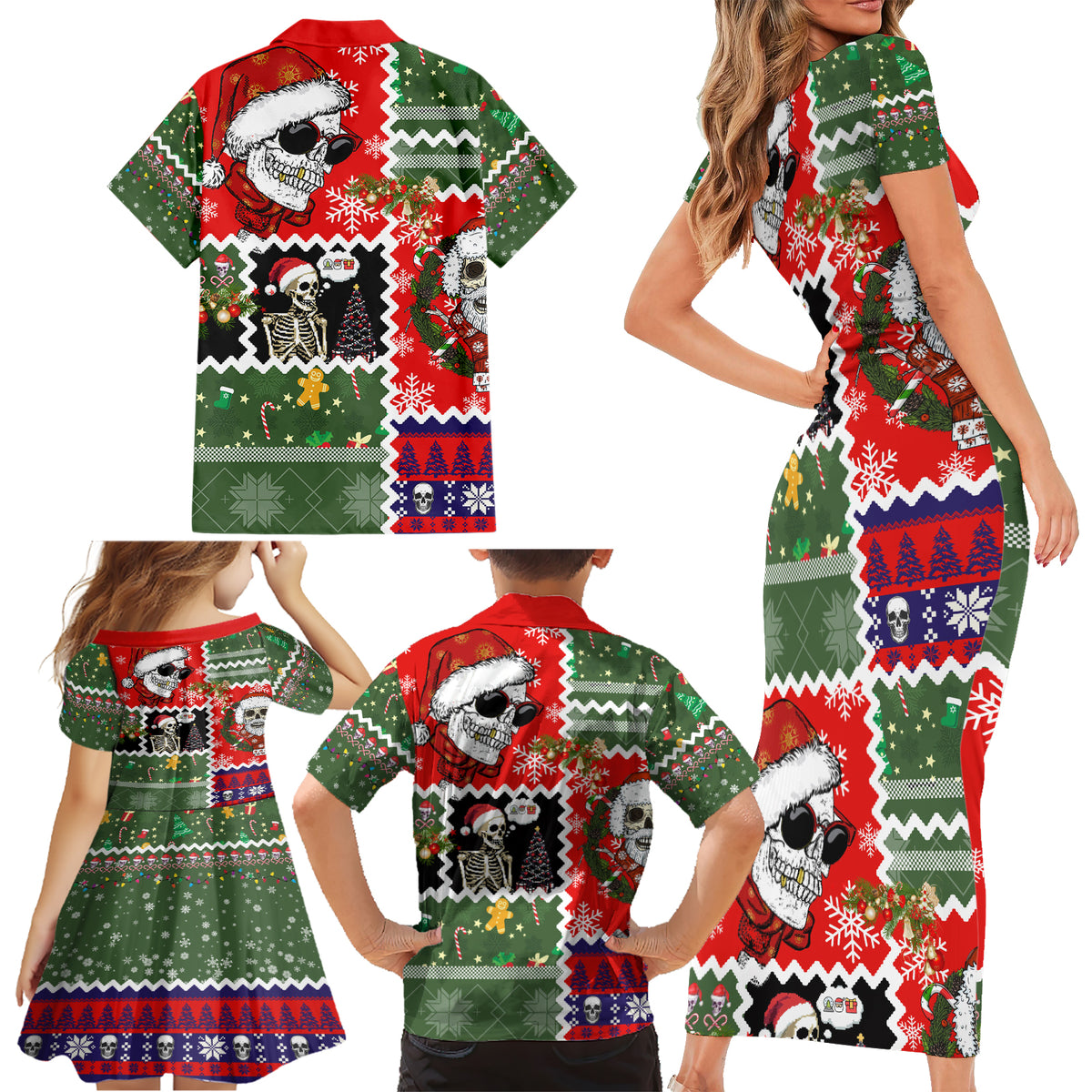Skeleton Santa Claus Family Matching Short Sleeve Bodycon Dress and Hawaiian Shirt Moodboard Skull Ugly Christmas - Wonder Print Shop