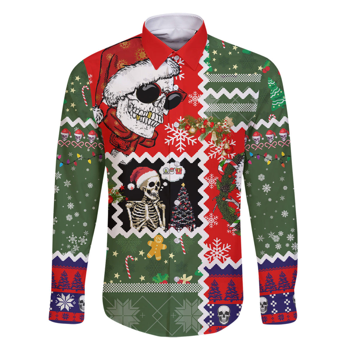 Skeleton Santa Claus Family Matching Short Sleeve Bodycon Dress and Hawaiian Shirt Moodboard Skull Ugly Christmas - Wonder Print Shop