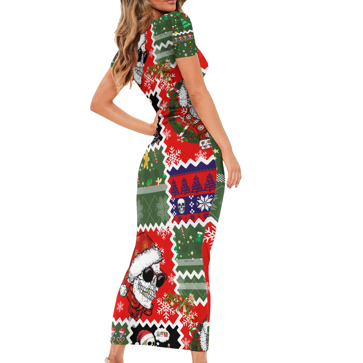 Skeleton Santa Claus Family Matching Short Sleeve Bodycon Dress and Hawaiian Shirt Moodboard Skull Ugly Christmas - Wonder Print Shop