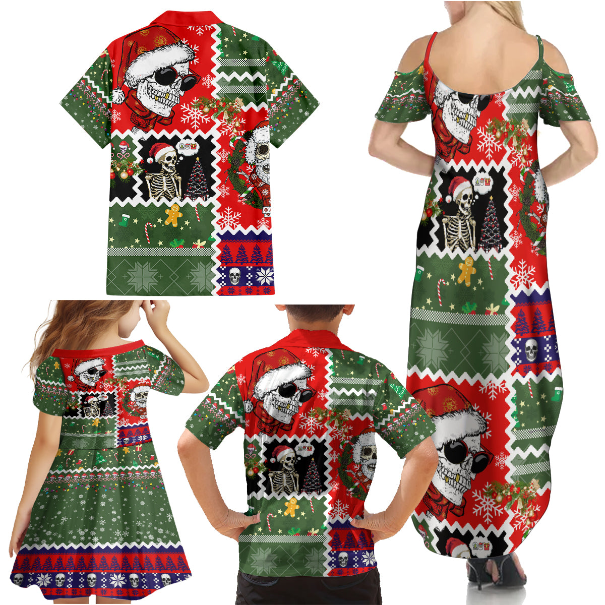 Skeleton Santa Claus Family Matching Summer Maxi Dress and Hawaiian Shirt Moodboard Skull Ugly Christmas - Wonder Print Shop