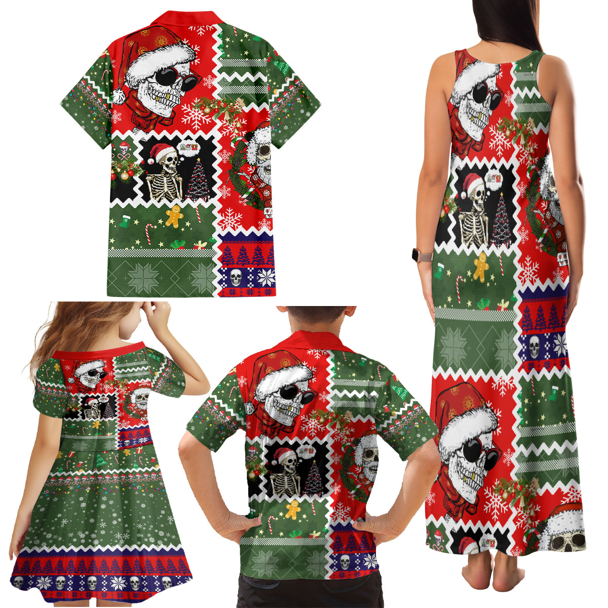 Skeleton Santa Claus Family Matching Tank Maxi Dress and Hawaiian Shirt Moodboard Skull Ugly Christmas - Wonder Print Shop