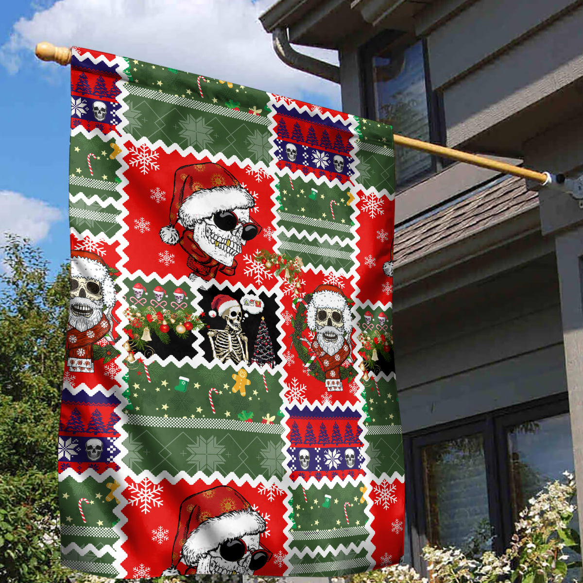 Skeleton Santa Claus Garden Flag Moodboard Skull Ugly Christmas - Wonder Print Shop