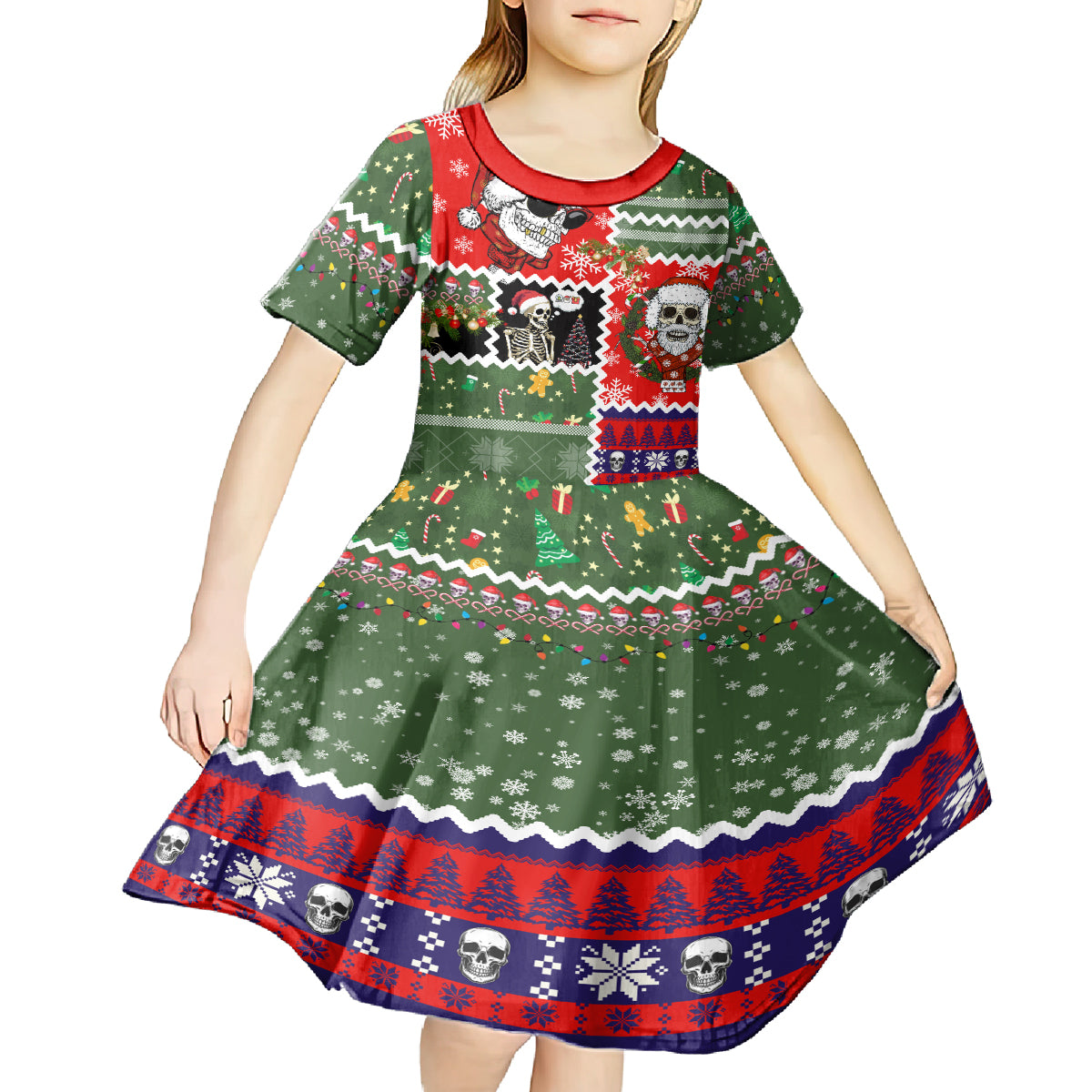 Skeleton Santa Claus Kid Short Sleeve Dress Moodboard Skull Ugly Christmas - Wonder Print Shop