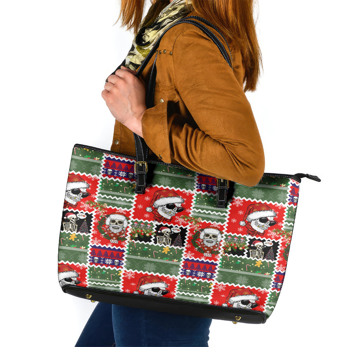 Skeleton Santa Claus Leather Tote Bag Moodboard Skull Ugly Christmas - Wonder Print Shop