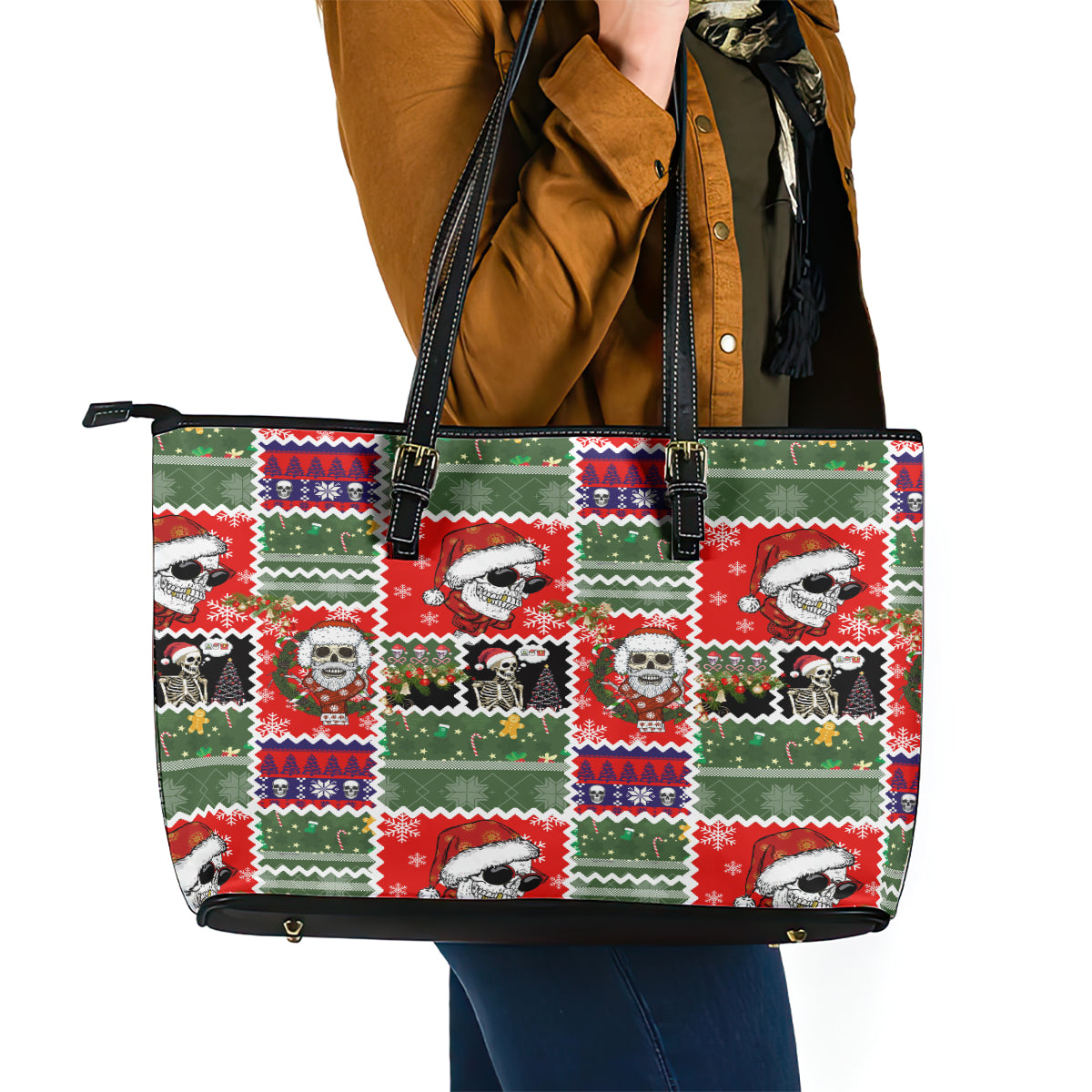 Skeleton Santa Claus Leather Tote Bag Moodboard Skull Ugly Christmas - Wonder Print Shop