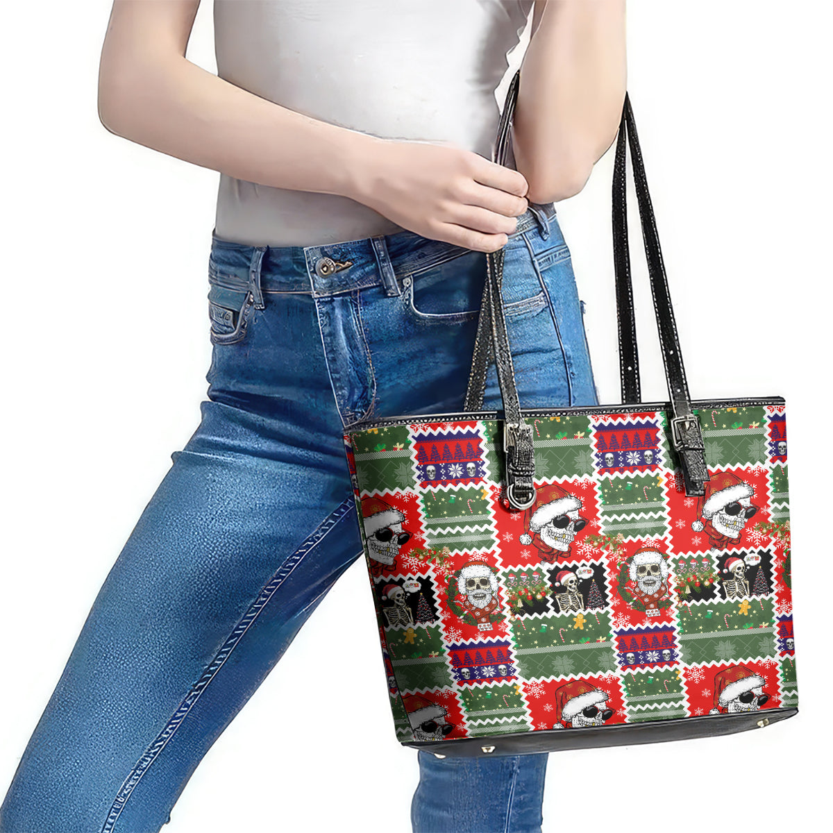 Skeleton Santa Claus Leather Tote Bag Moodboard Skull Ugly Christmas - Wonder Print Shop