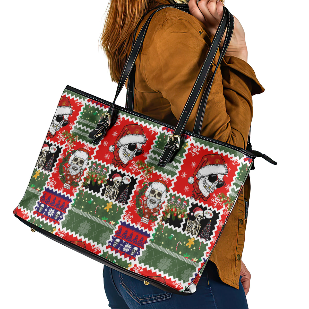 Skeleton Santa Claus Leather Tote Bag Moodboard Skull Ugly Christmas - Wonder Print Shop