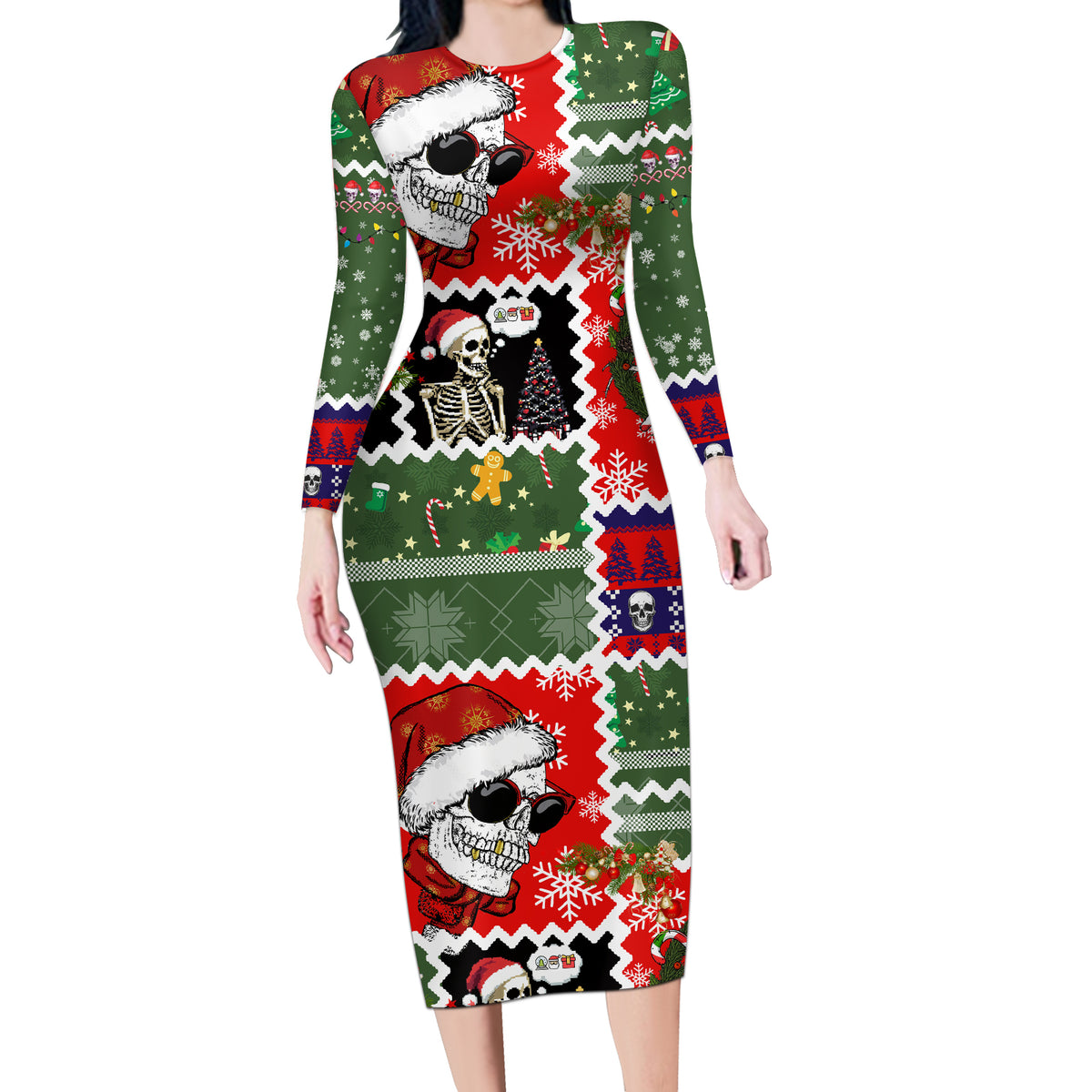 Skeleton Santa Claus Long Sleeve Bodycon Dress Moodboard Skull Ugly Christmas - Wonder Print Shop