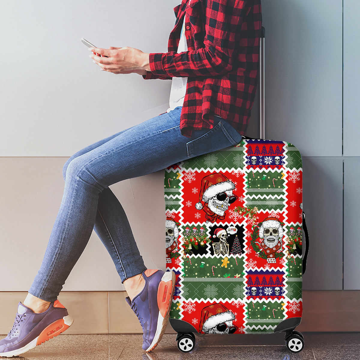 Skeleton Santa Claus Luggage Cover Moodboard Skull Ugly Christmas - Wonder Print Shop