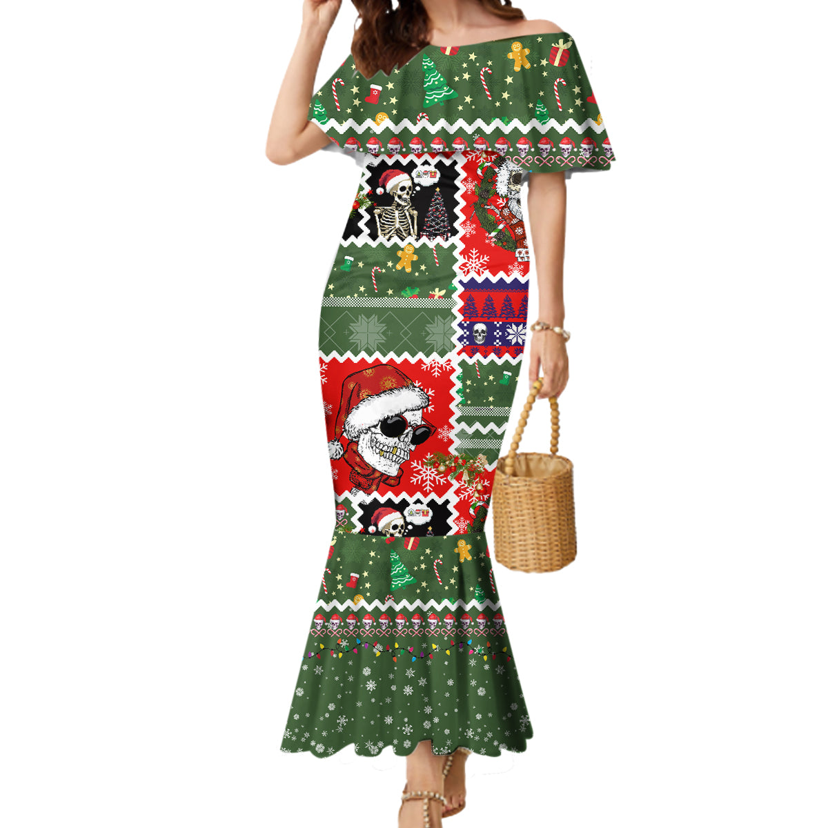 Skeleton Santa Claus Mermaid Dress Moodboard Skull Ugly Christmas - Wonder Print Shop