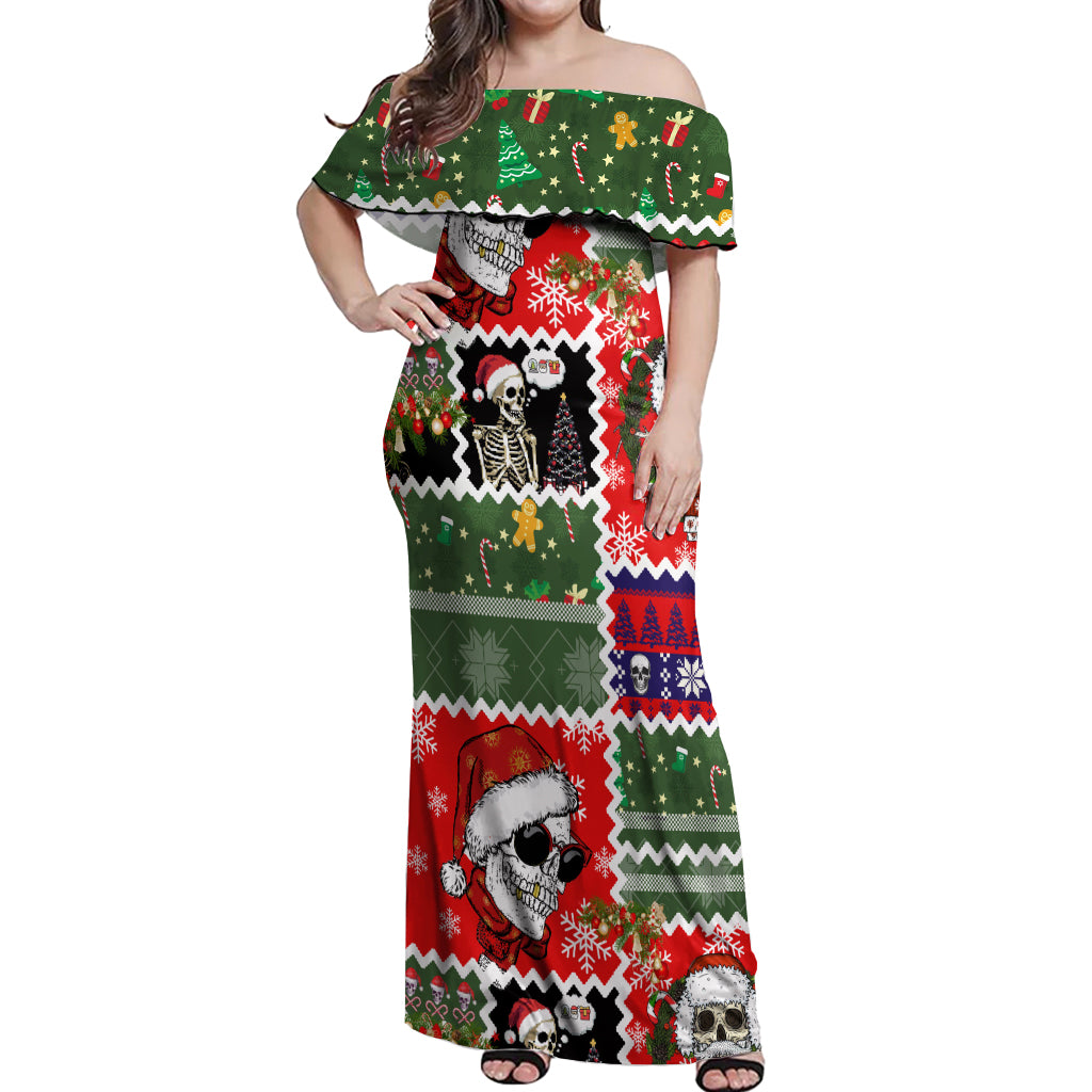 Skeleton Santa Claus Off Shoulder Maxi Dress Moodboard Skull Ugly Christmas - Wonder Print Shop