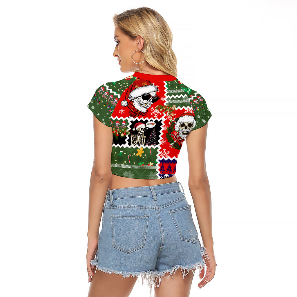 Skeleton Santa Claus Raglan Cropped T Shirt Moodboard Skull Ugly Christmas - Wonder Print Shop