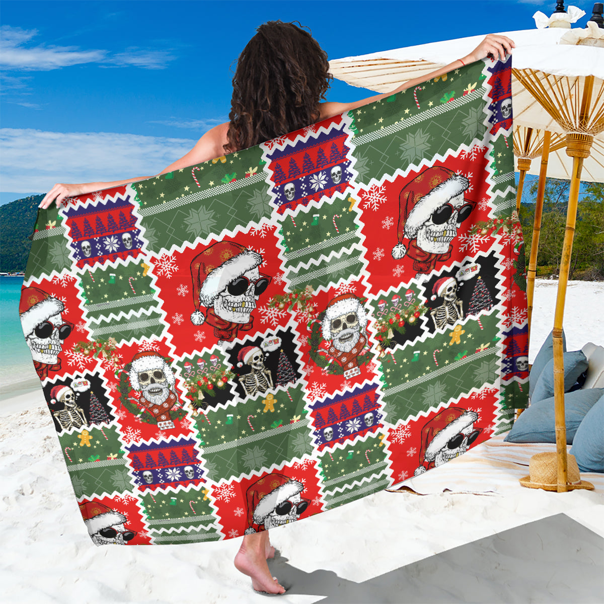Skeleton Santa Claus Sarong Moodboard Skull Ugly Christmas - Wonder Print Shop