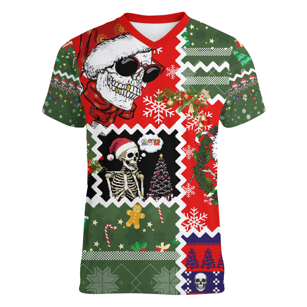 Skeleton Santa Claus Women V Neck T Shirt Moodboard Skull Ugly Christmas - Wonder Print Shop