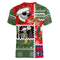 Skeleton Santa Claus Women V Neck T Shirt Moodboard Skull Ugly Christmas - Wonder Print Shop