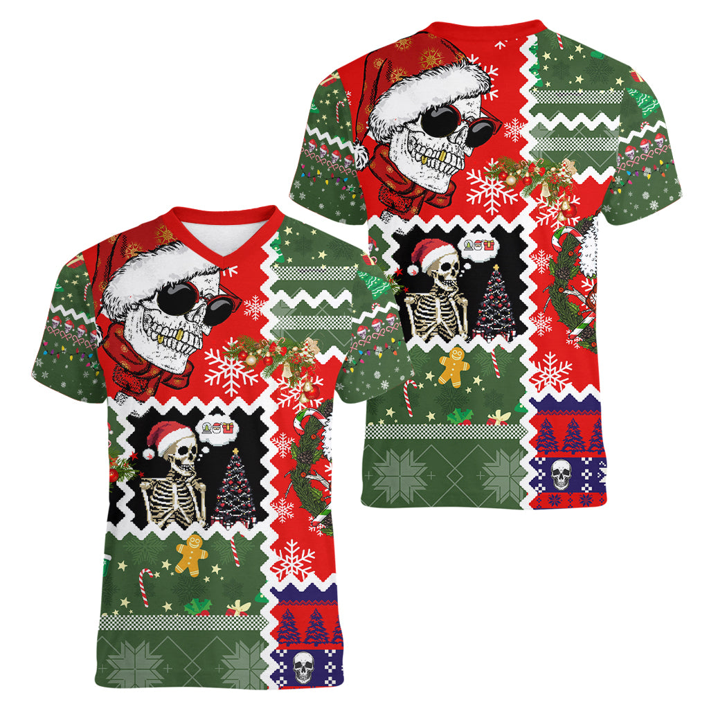 Skeleton Santa Claus Women V Neck T Shirt Moodboard Skull Ugly Christmas - Wonder Print Shop