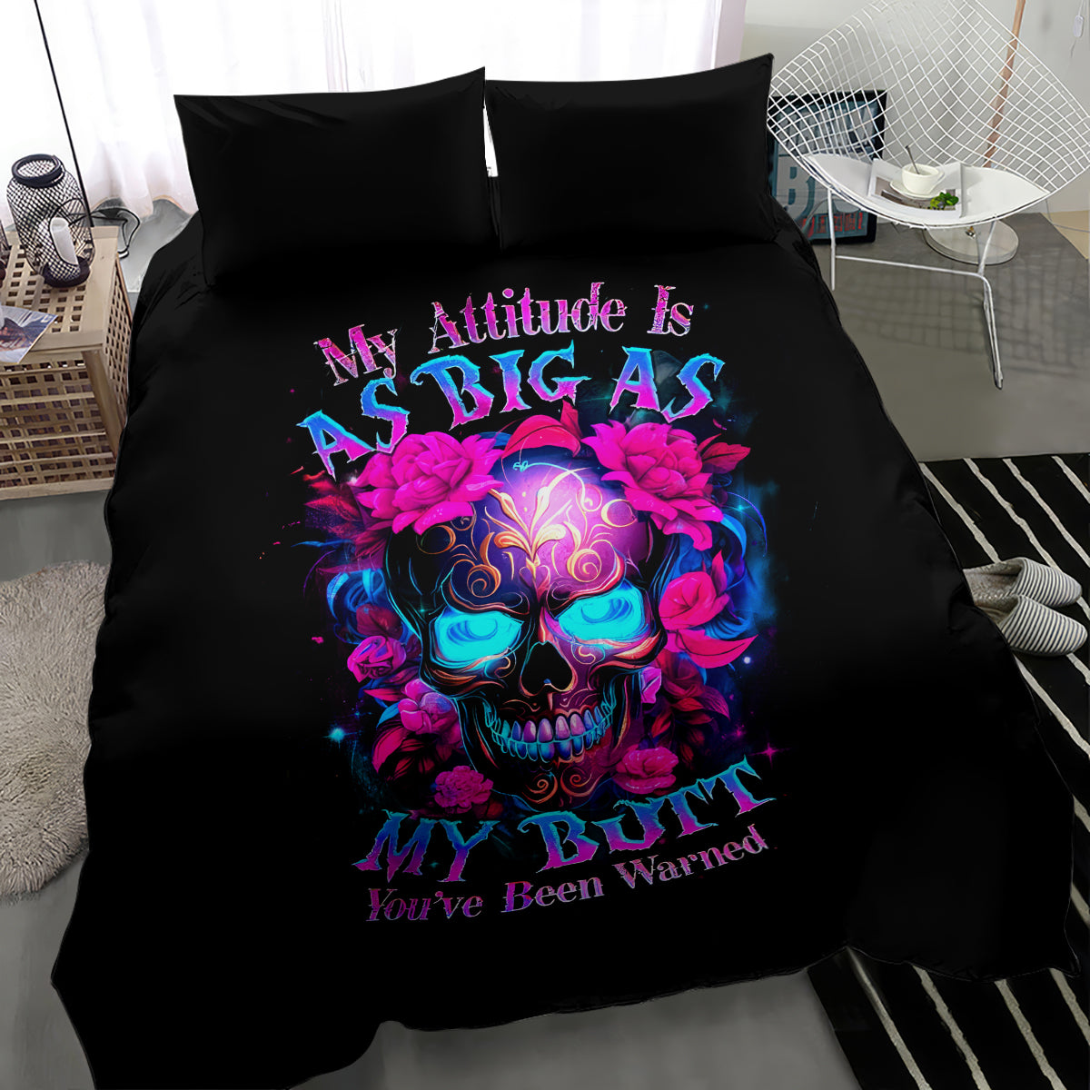 Sugar Skull Bedding Set My Attitude Is As Big As My Butt You've Been Warned - Wonder Print Shop