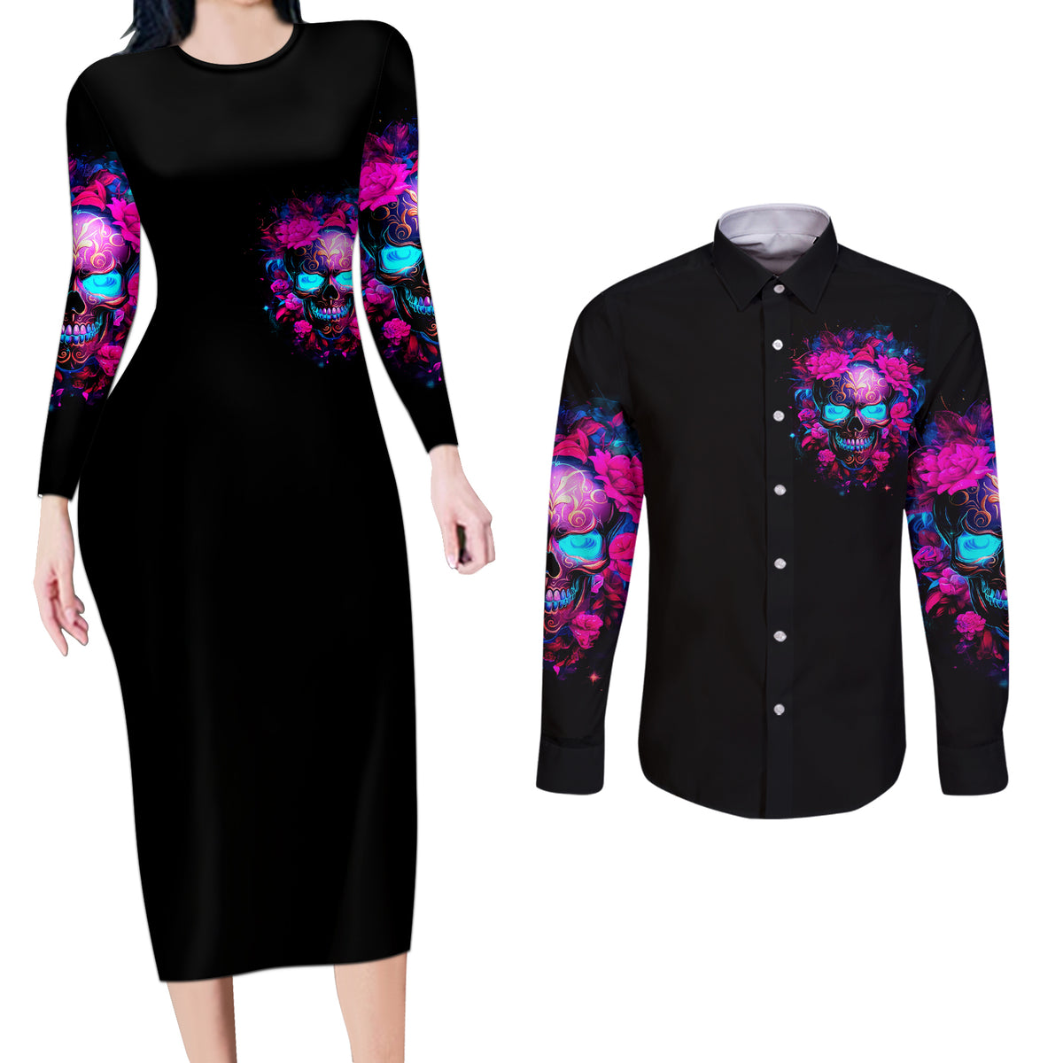 Sugar Skull Couples Matching Long Sleeve Bodycon Dress and Long Sleeve Button Shirt My Attitude Is As Big As My Butt You've Been Warned - Wonder Print Shop