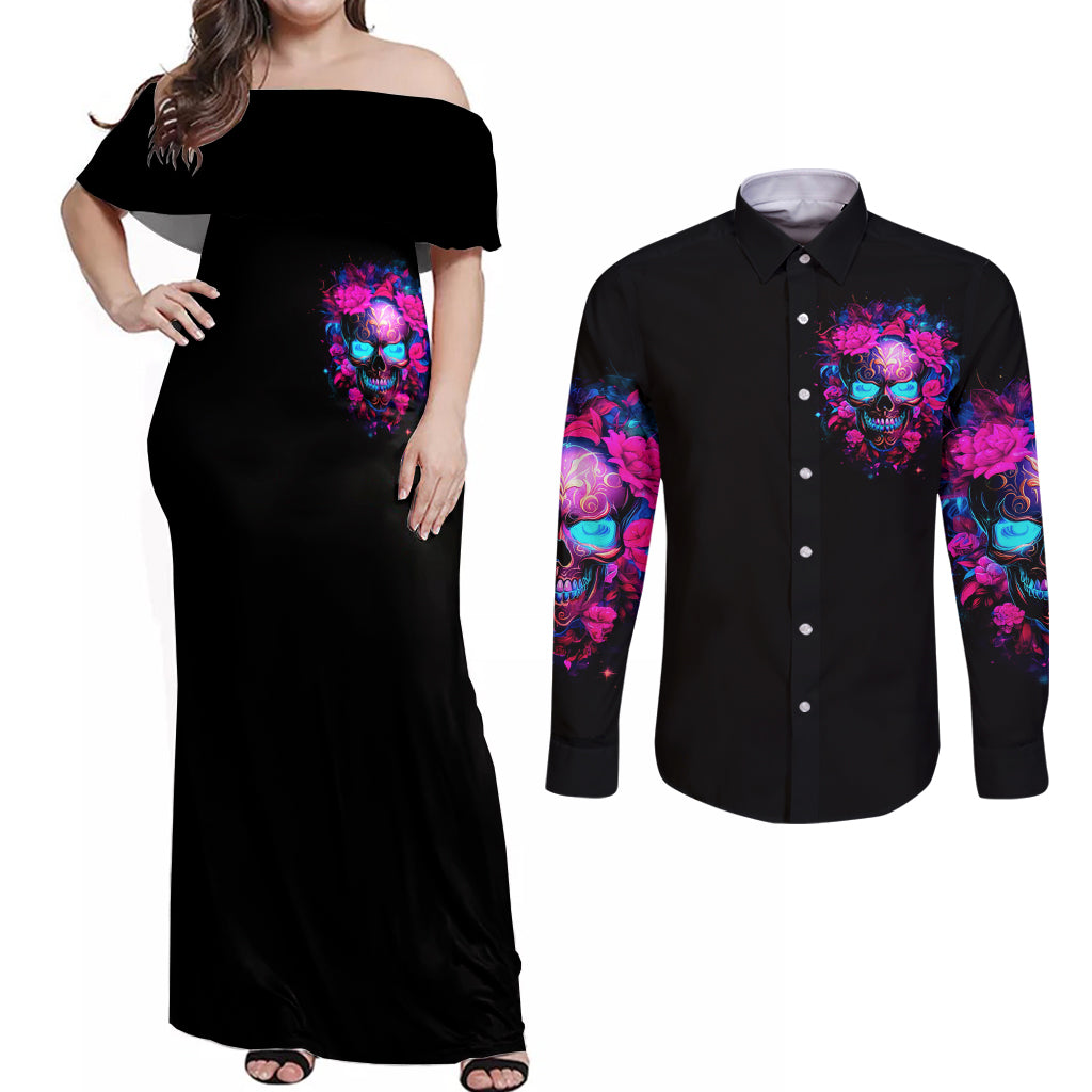 Sugar Skull Couples Matching Off Shoulder Maxi Dress and Long Sleeve Button Shirt My Attitude Is As Big As My Butt You've Been Warned - Wonder Print Shop