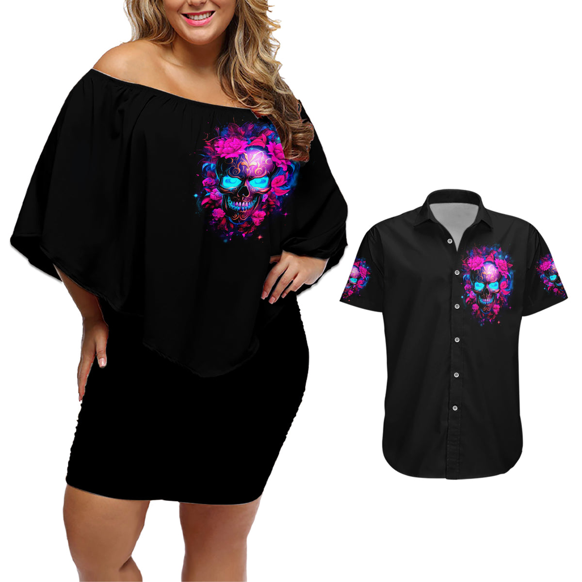 Sugar Skull Couples Matching Off Shoulder Short Dress and Hawaiian Shirt My Attitude Is As Big As My Butt You've Been Warned - Wonder Print Shop