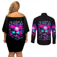 Sugar Skull Couples Matching Off Shoulder Short Dress and Long Sleeve Button Shirt My Attitude Is As Big As My Butt You've Been Warned - Wonder Print Shop