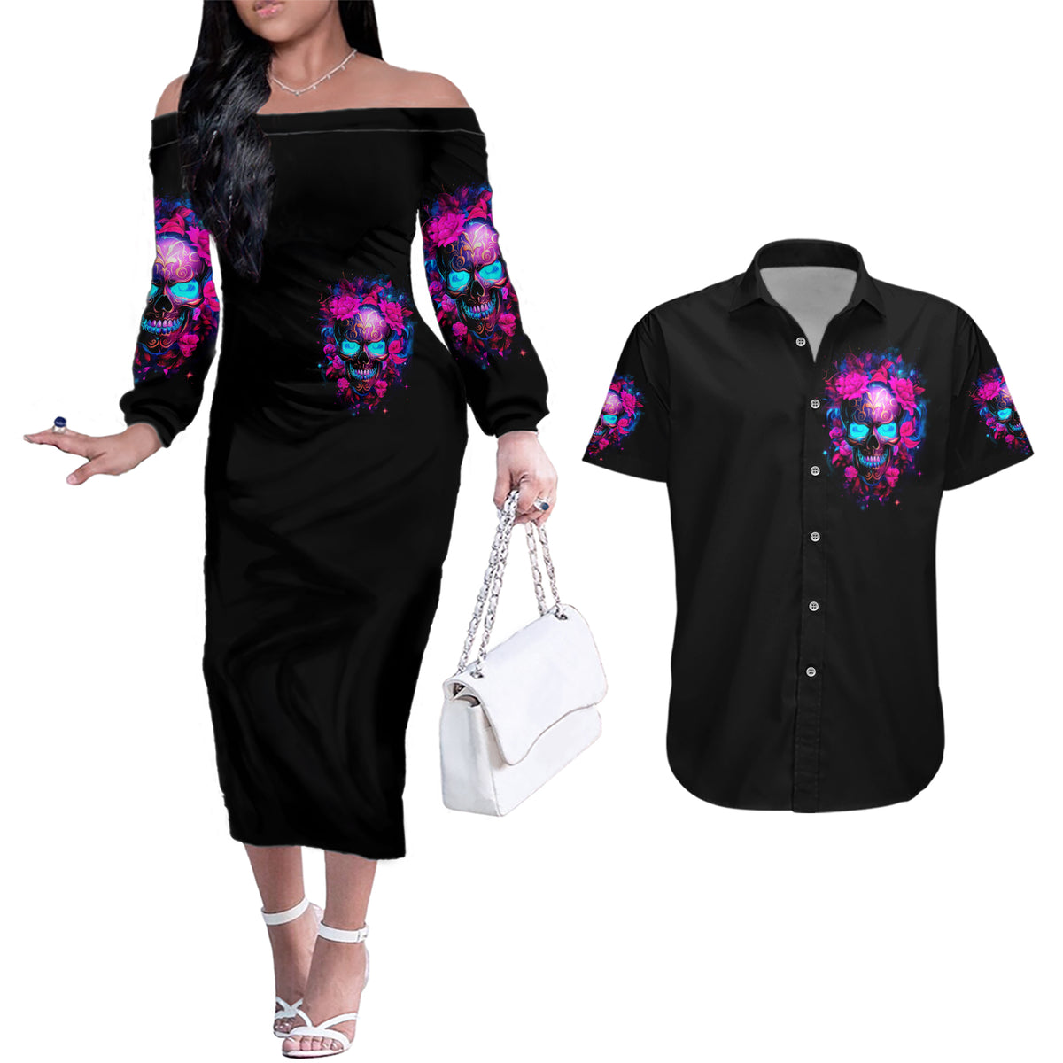 Sugar Skull Couples Matching Off The Shoulder Long Sleeve Dress and Hawaiian Shirt My Attitude Is As Big As My Butt You've Been Warned - Wonder Print Shop