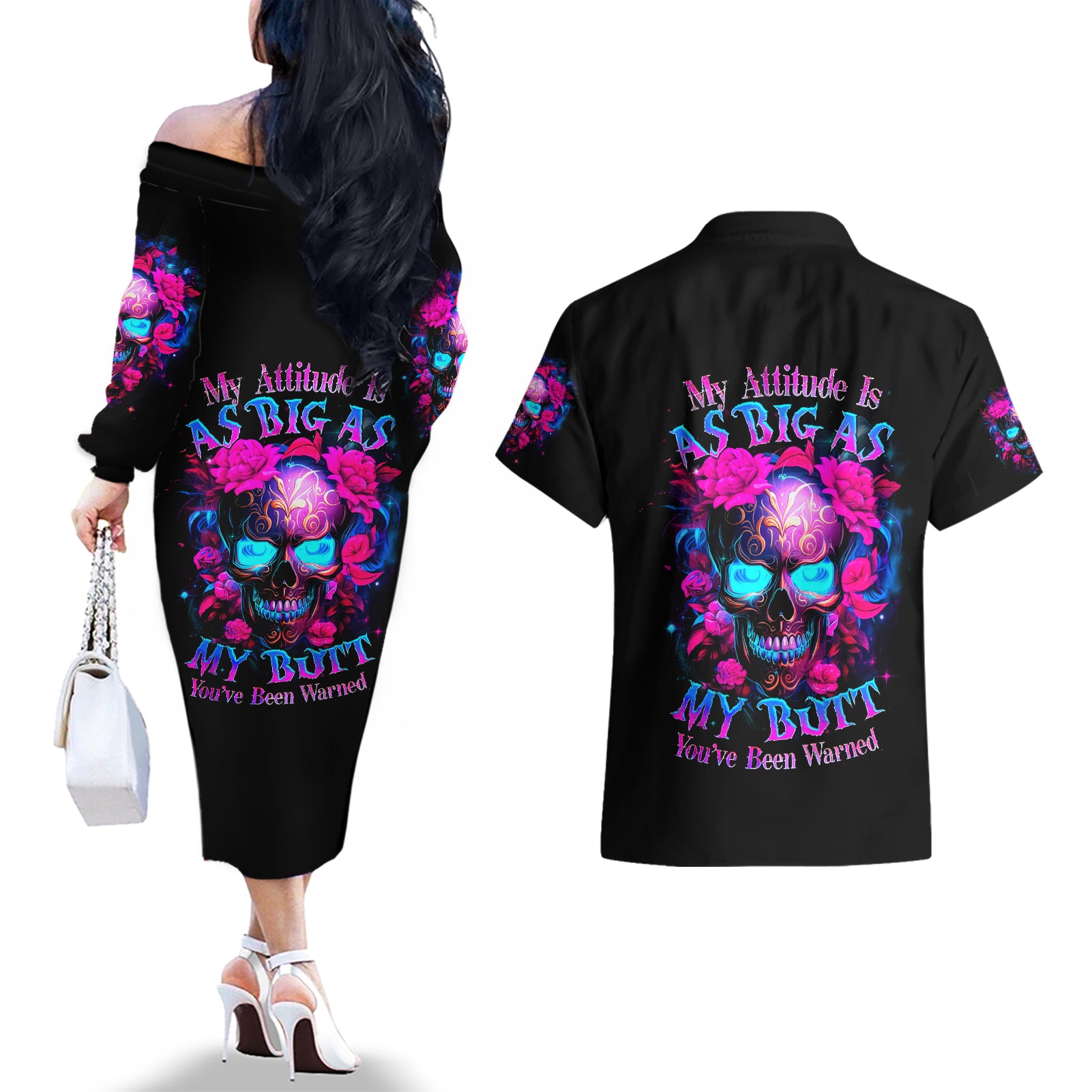 Sugar Skull Couples Matching Off The Shoulder Long Sleeve Dress and Hawaiian Shirt My Attitude Is As Big As My Butt You've Been Warned - Wonder Print Shop
